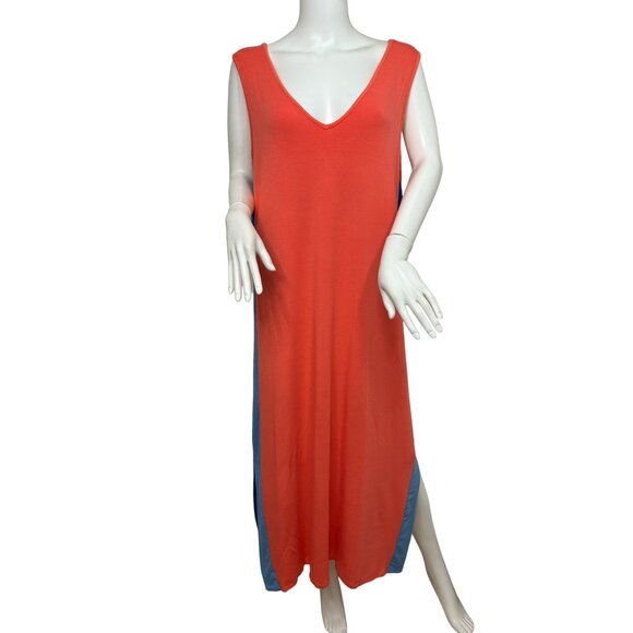 Attitudes by Renee Beach Dress XL Coral/ Blue Knit Maxi Sleeveless Side Slits - Picture 2 of 10
